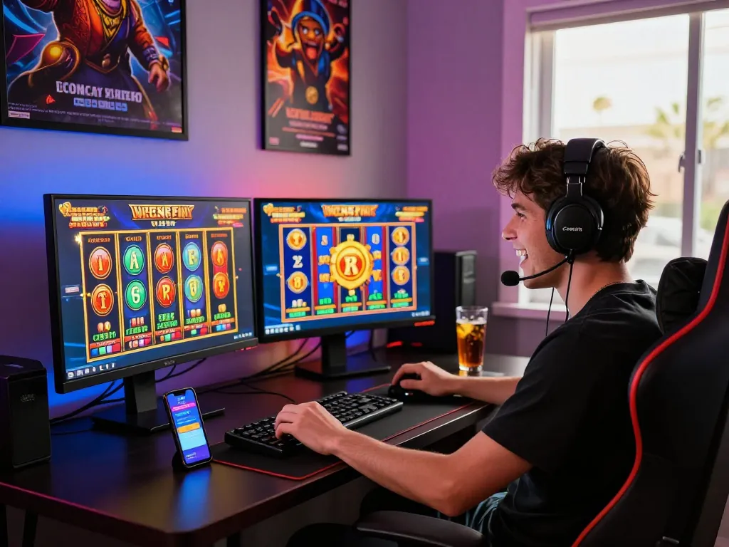Pemain menikmati pengalaman bermain game online SGPSLOT dengan tampilan slot berwarna-warni dan pencahayaan ambient