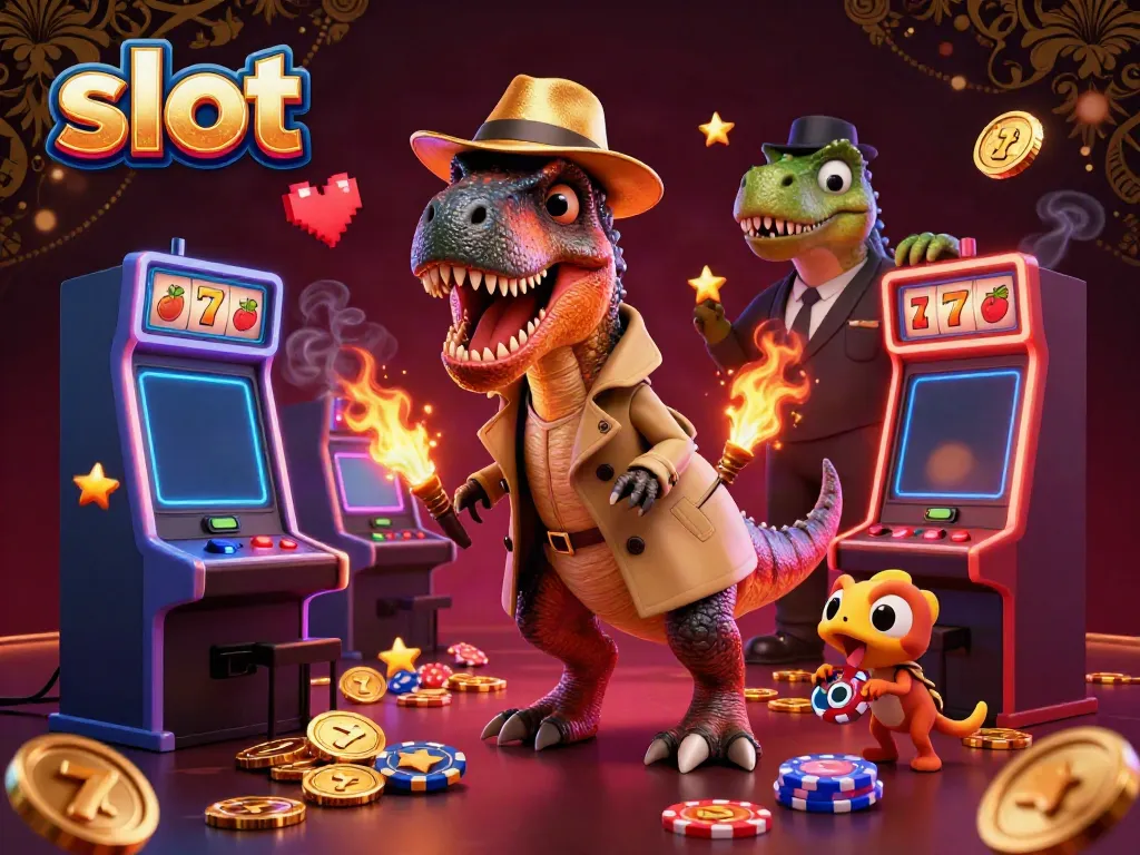 Engaging scene with slot machines, a velociraptor card counter, and festive gaming elements.