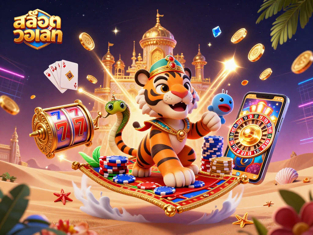 Experience สล็อตวอเลท with a dazzling 3D illustration featuring an Arabian tiger sultan on a magic carpet amidst casino themes.
