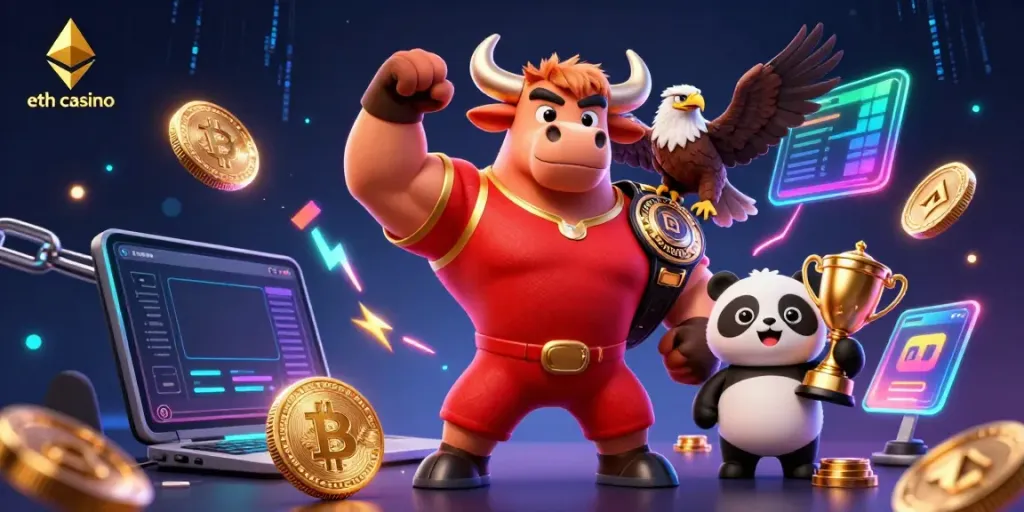 Experience the thrill at the eth casino with vibrant characters celebrating cryptocurrency wins.
