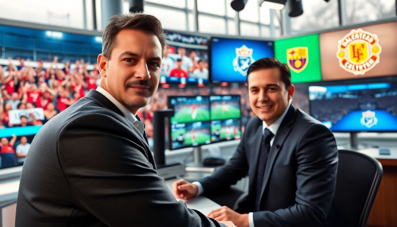 Dynamic sports broadcasting setup showcasing an announcer and live footage for Sports Broadcasting.