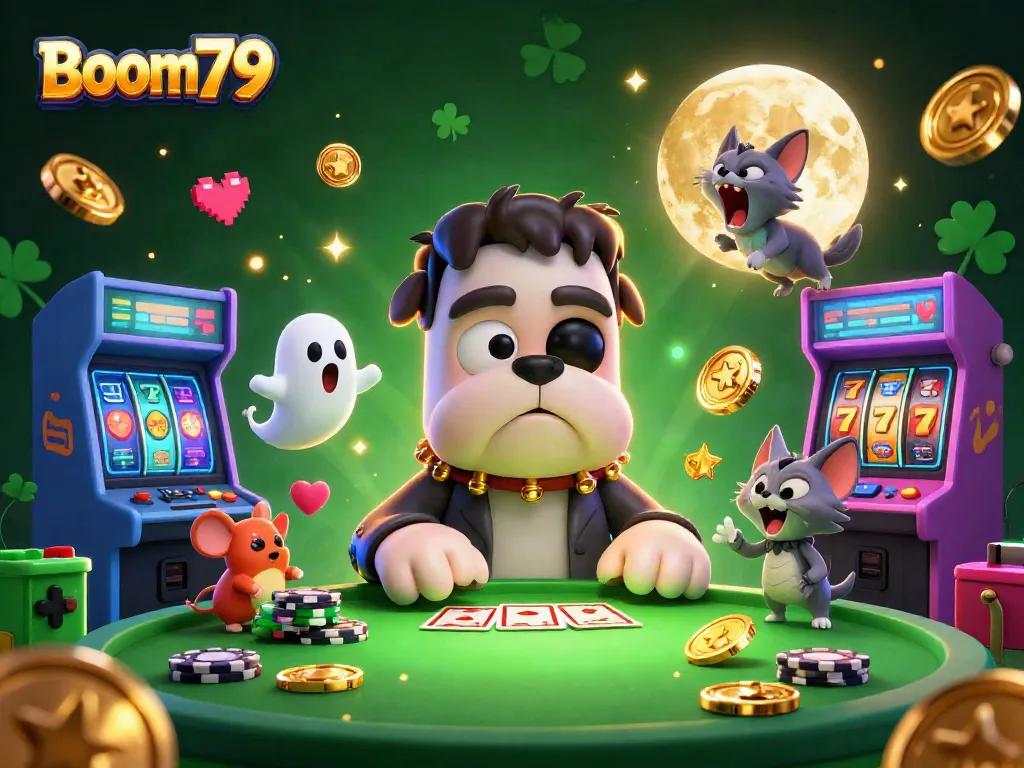 Engage in Boom79 gameplay with a spooky card game scene featuring monsters and vibrant 3D elements.