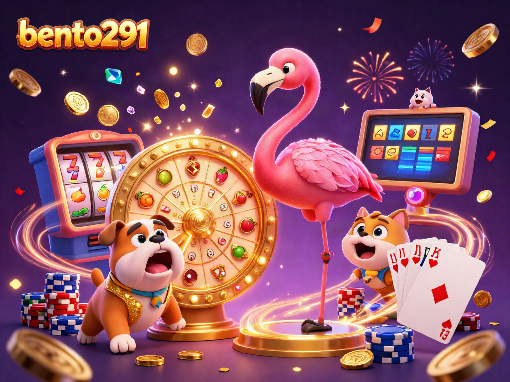 bento291 brings excitement to the casino with a flamingo game show host and a bulldog contestant spinning the prize wheel.