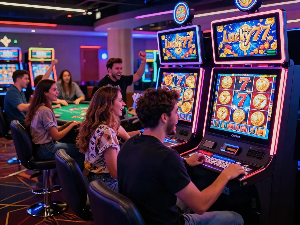 Excited group celebrating a win on the Lucky777 slot machine in a vibrant casino.