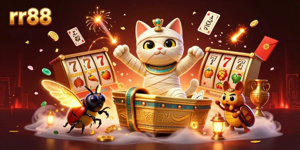 Experience thrilling gameplay at rr88 with a vibrant casino-themed illustration showcasing exciting slot elements!
