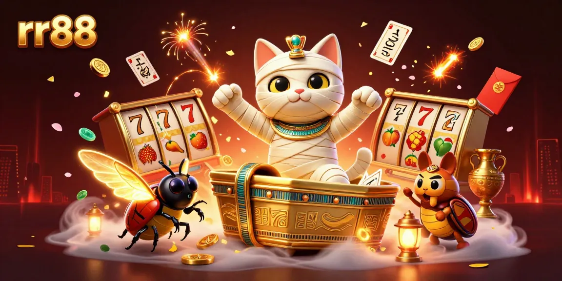 Experience thrilling gameplay at rr88 with a vibrant casino-themed illustration showcasing exciting slot elements!