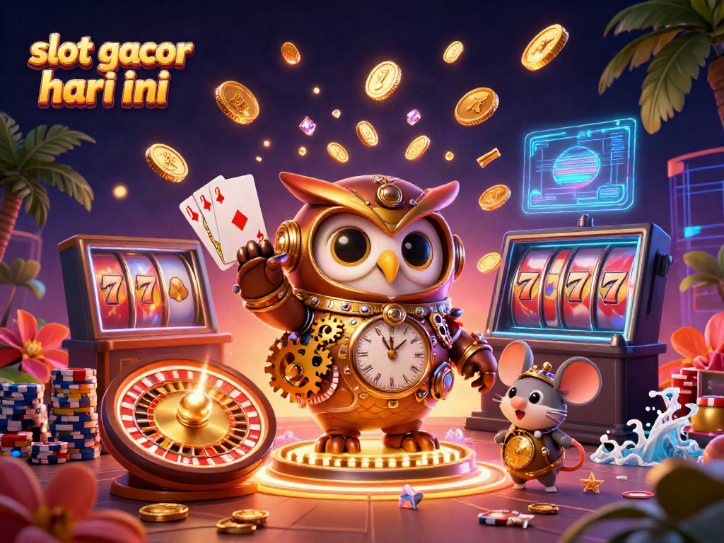 Visualisasi slot gacor hari ini dengan karakter hibrida dan elemen kasino yang kaya.