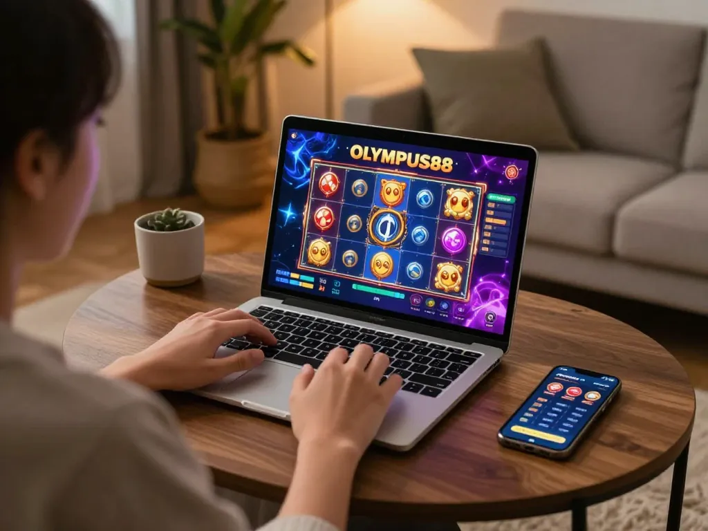 Engaging in exciting OLYMPUS88 slot gameplay on a cozy gaming setup at home.