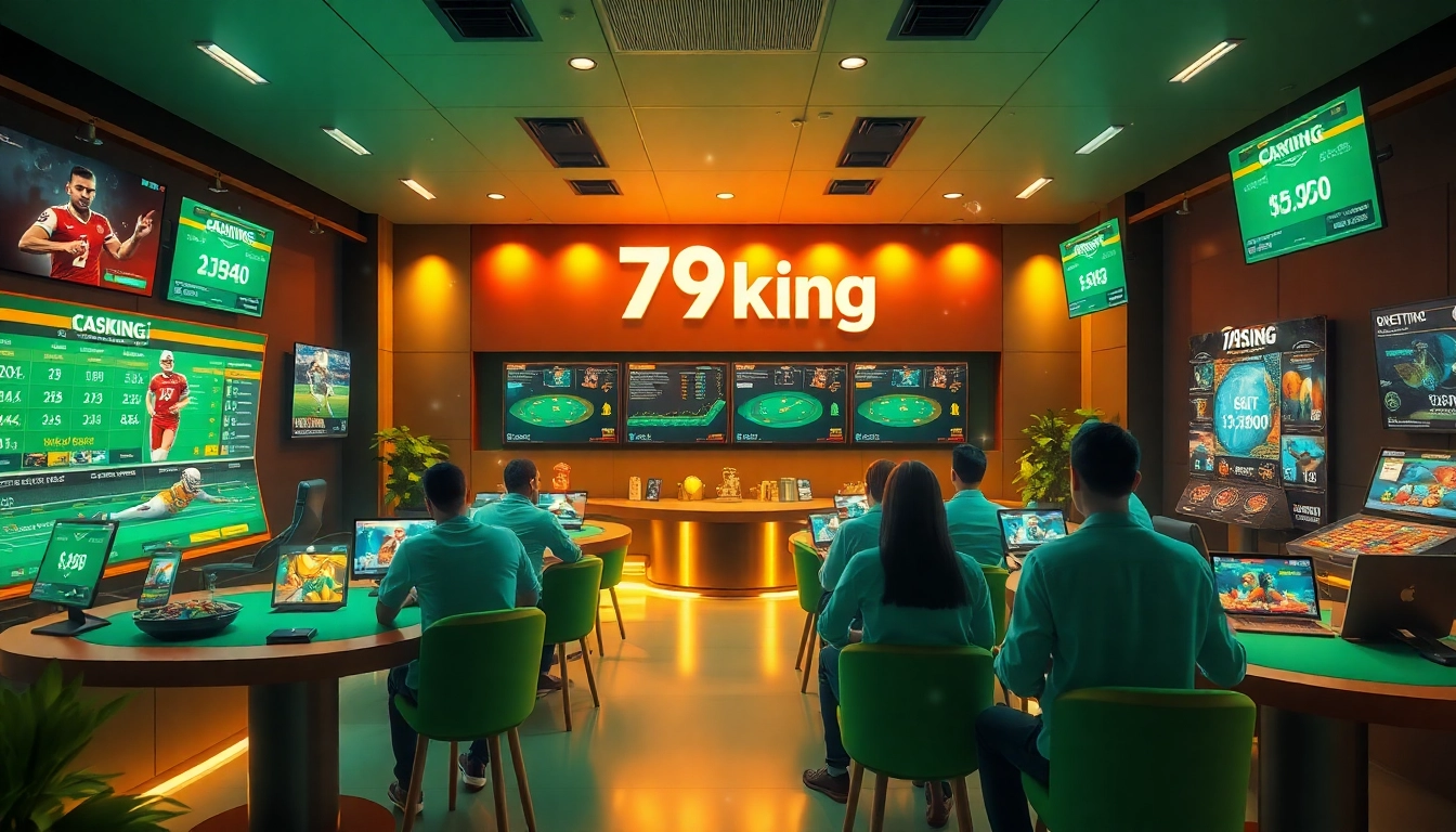 Engaged users exploring 79king's diverse gaming options in a vibrant, digital betting environment.