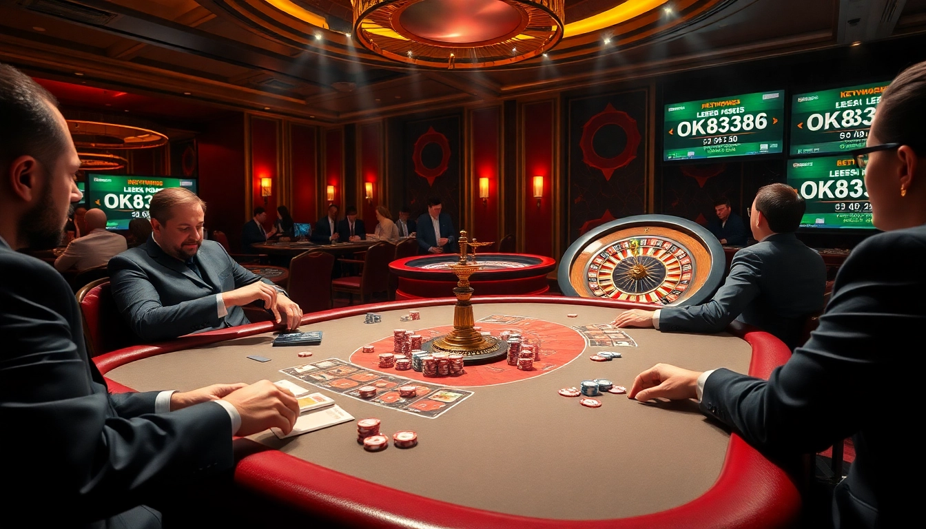 A thrilling casino scene featuring OK8386 poker gameplay with vibrant chips and an active roulette wheel.