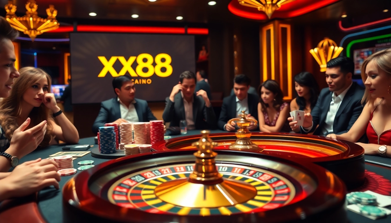 Players enjoying a thrilling roulette game at XX88 casino with vibrant chips and cards.