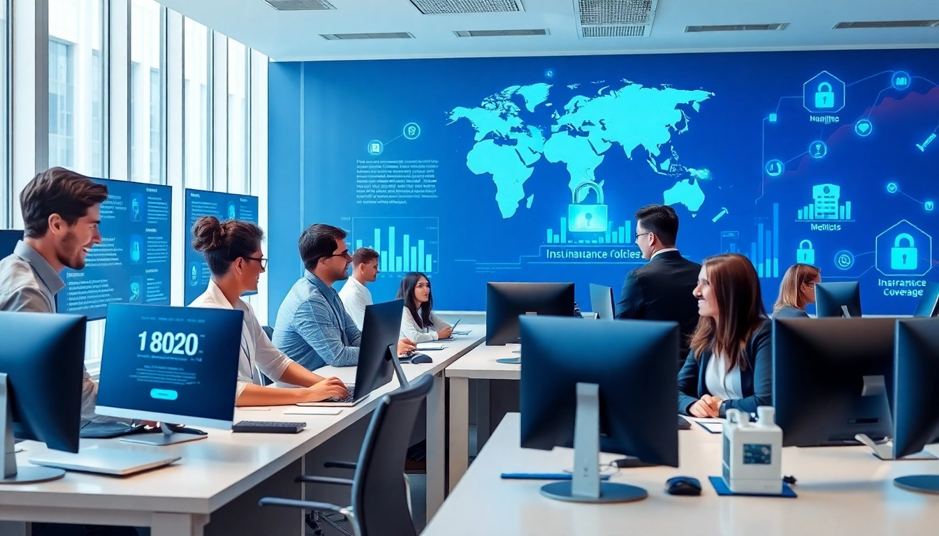 Bureau financier moderne présentant la plateforme d’assurance 79king avec affichage de données numériques, design 2025