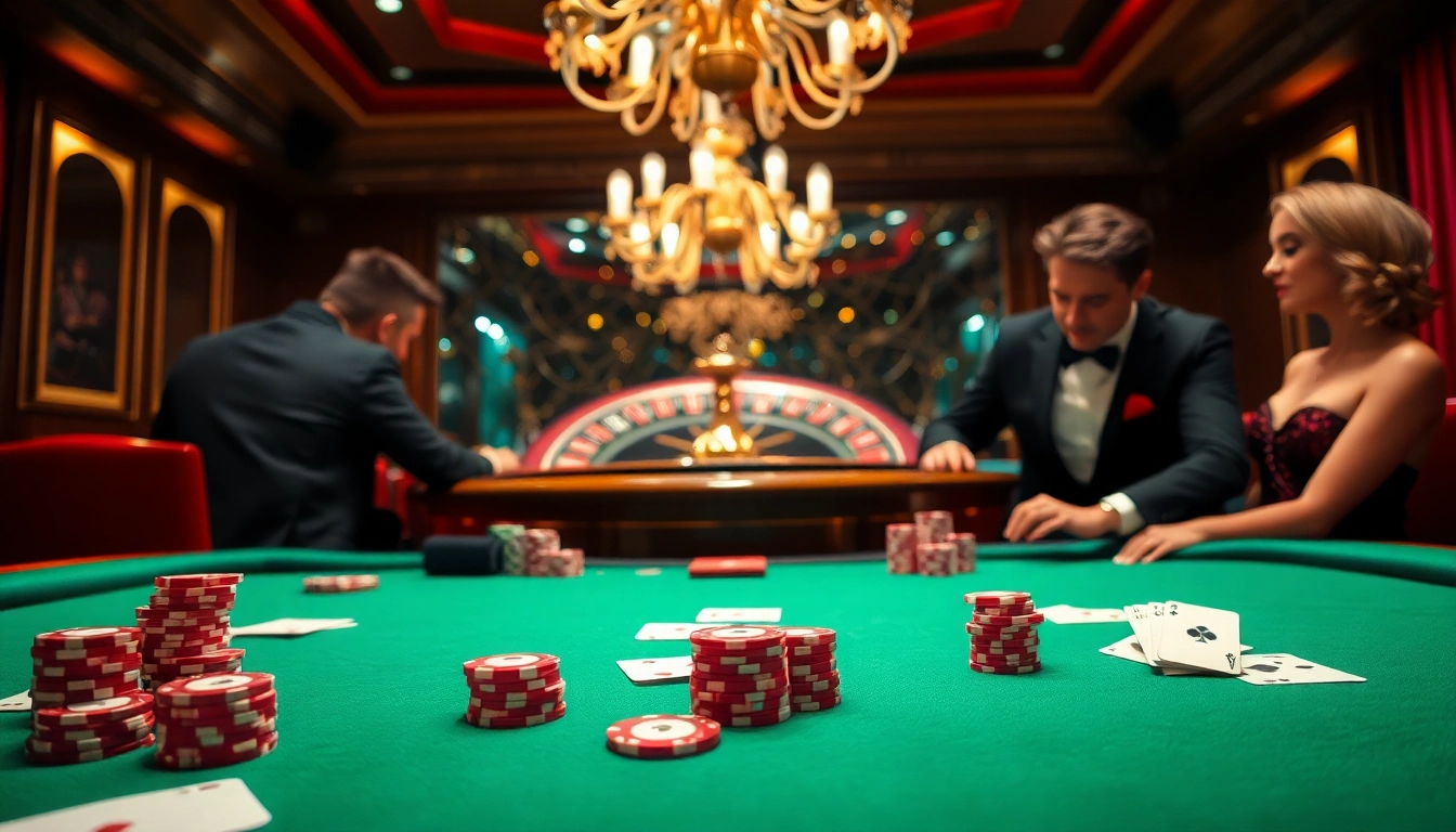 Players enjoying exciting poker games at an upscale casino featuring Okfun vibes and vibrant betting elements.