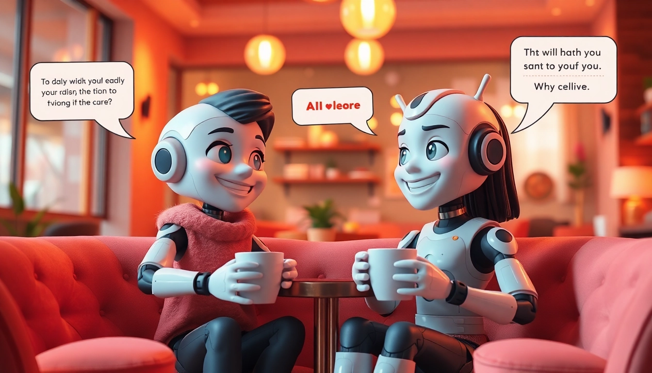 Engaging chat between AI characters showcasing the concept of free sex ai in a cozy digital café setting.