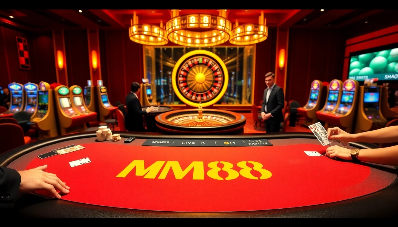 MM88 casino players enjoying a high-stakes game at an elegant blackjack table with vibrant branding.