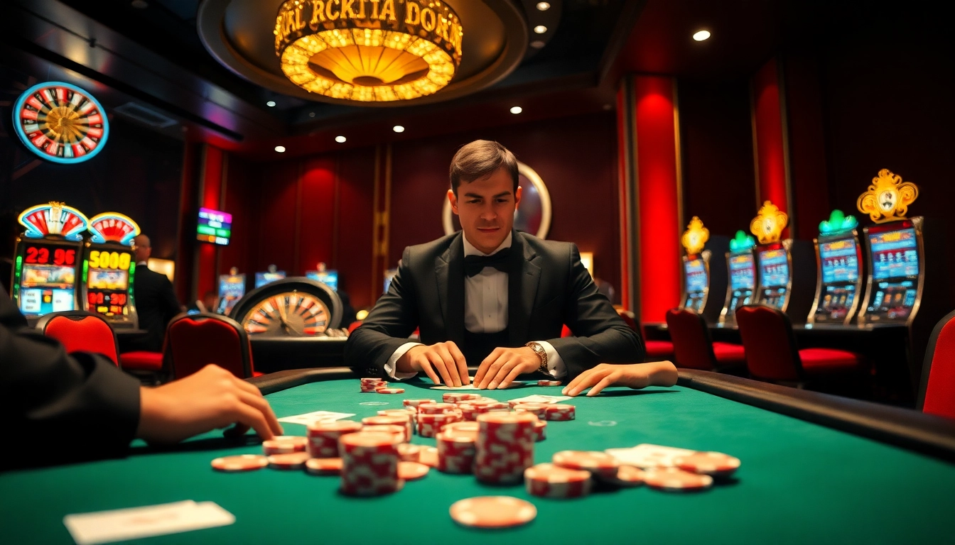 Exciting gambling atmosphere at đại lý C168 with poker, roulette, and engaging players.