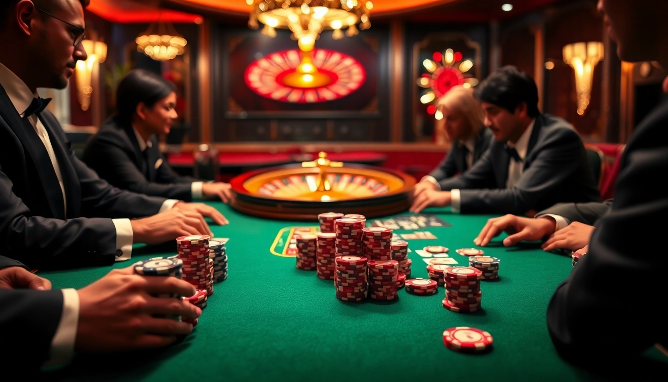 Engage in exciting Go 8 casino games with professional poker players at a luxury gambling table.