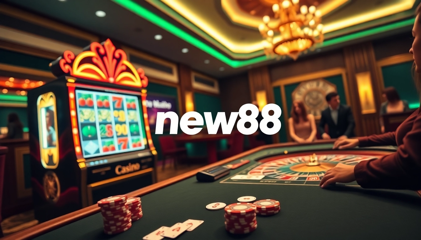Experience thrilling gameplay at new88 with an elegant slot machine and poker table setting.
