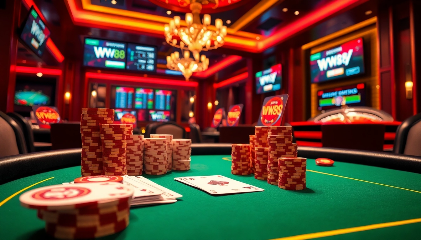 Experience the excitement of high-stakes poker at WW88, featuring polished chips and a vibrant casino ambiance.