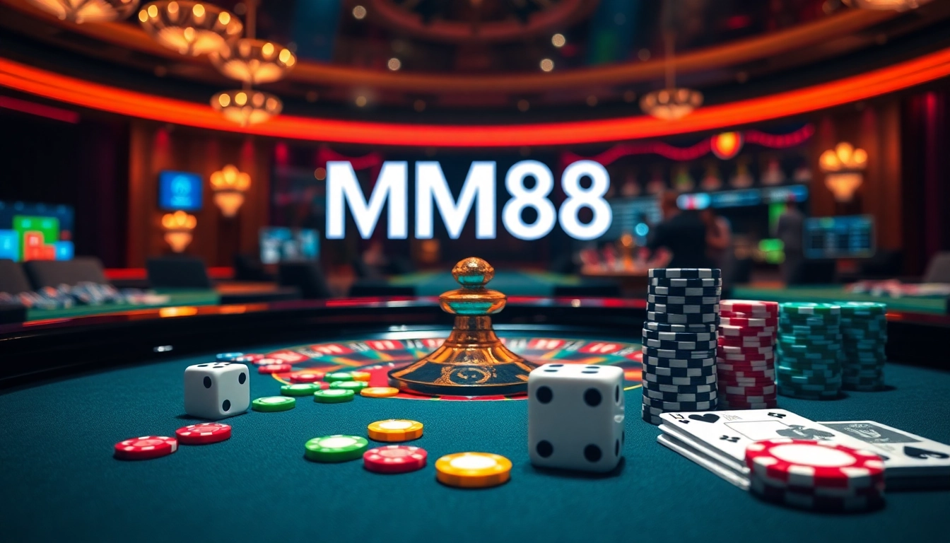MM88 casino scene showcasing an exciting roulette table and poker chips in a vibrant online gambling atmosphere.