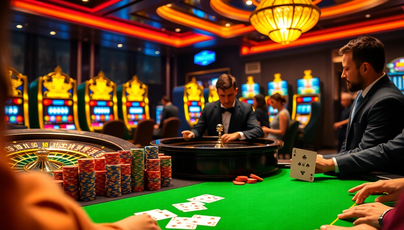 A dynamic casino scene showcasing players enjoying jili poker, vibrant slot machines, and a roulette wheel for an immersive gaming experience.