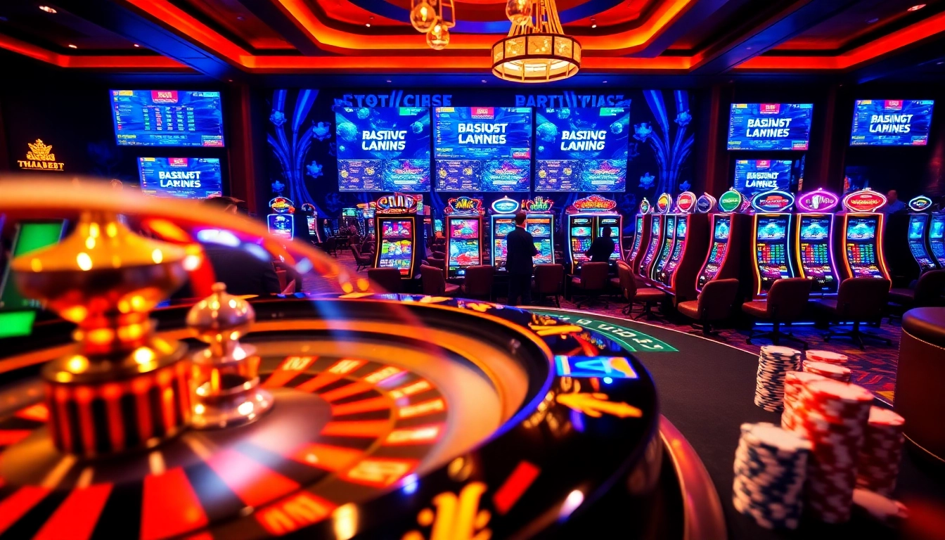 Engaging casino atmosphere at https://thabet77.sa.com/ with roulette and slot machines.