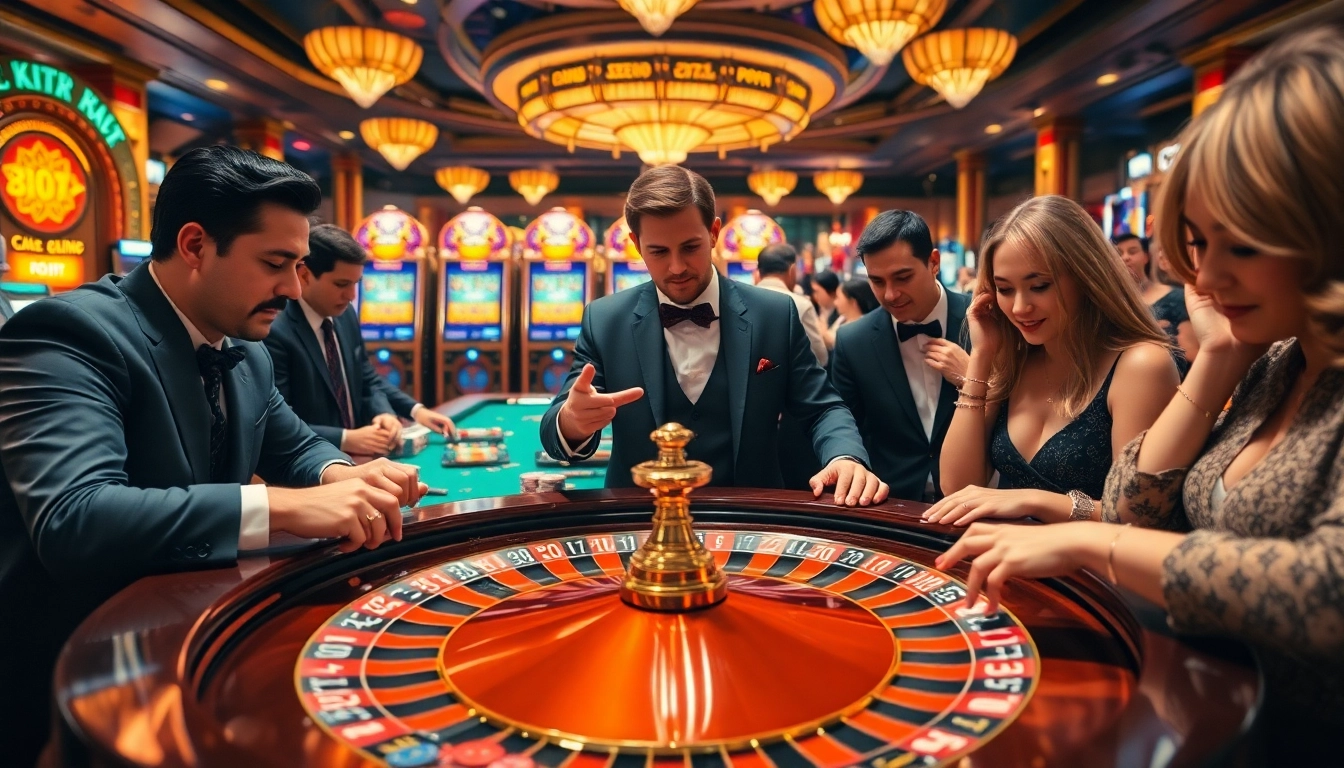 Adegan menawan para pemain yang menikmati permainan Birutoto yang mendebarkan di kasino mewah.