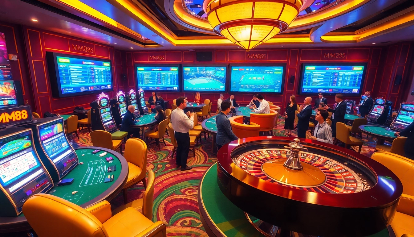 Experience the excitement of MM88 casino gaming with vibrant poker tables and slot machines.