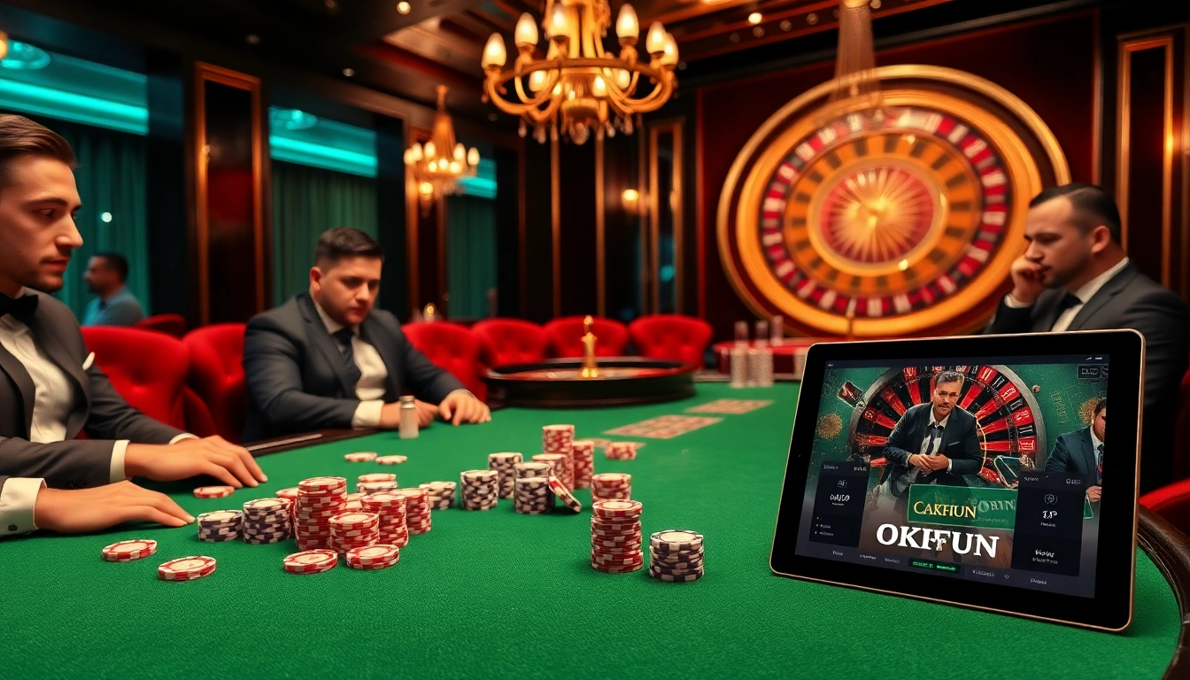 Action-packed poker game scene featuring Okfun logo amidst luxury and excitement.