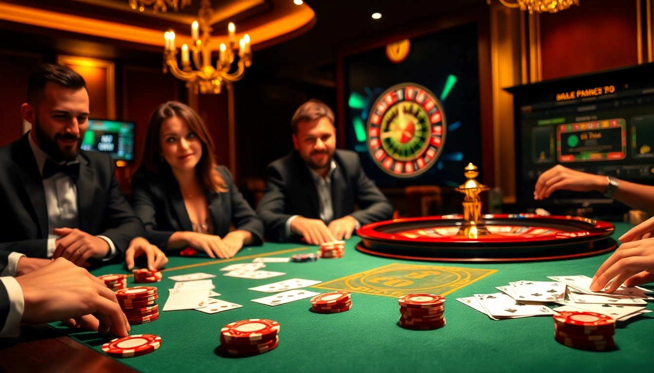 Players engaging in poker at a glitzy table, showcasing elements from https://32win.cool/ and online betting interfaces.