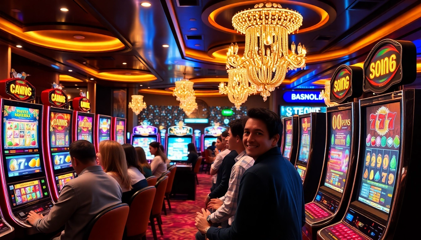Engaging players at vibrant 슬롯사이트 with colorful slot machines and lively casino atmosphere.