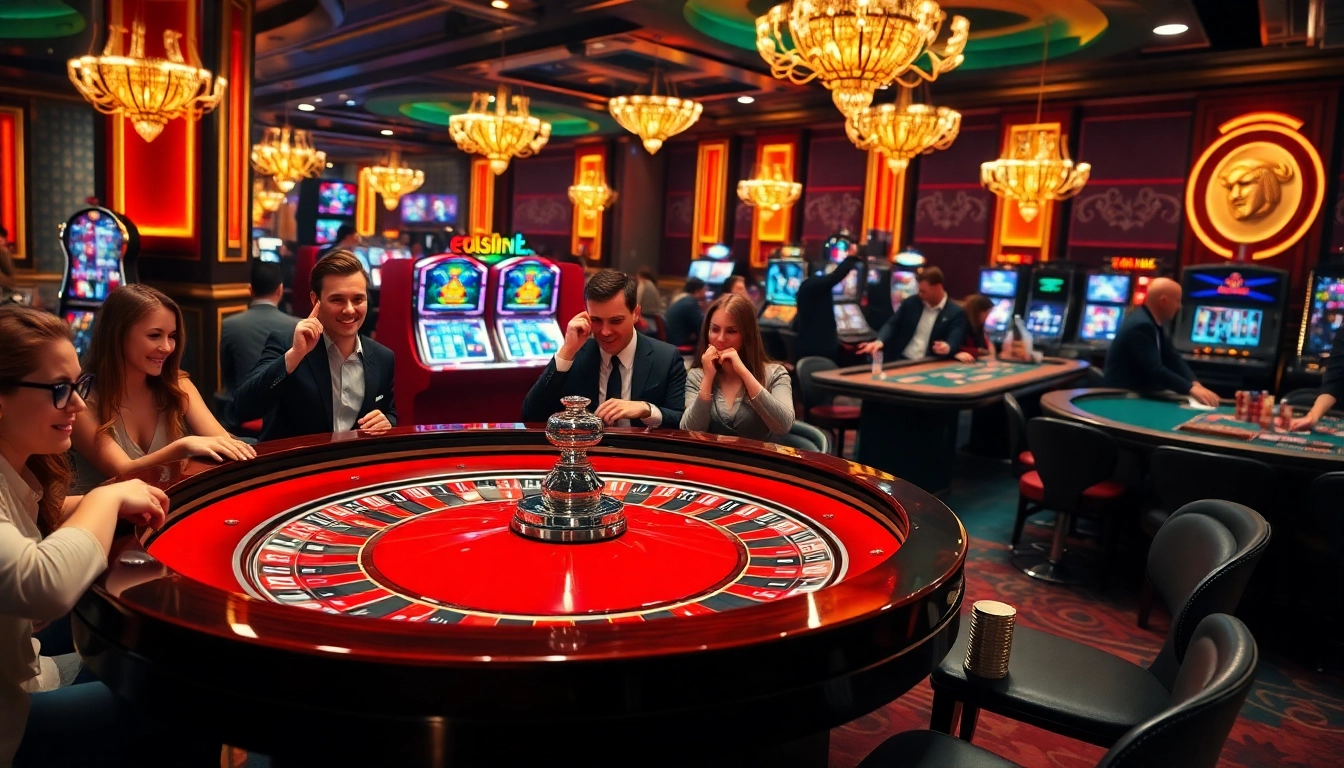 A lively casino scene showcasing excitement with roulette, chips, and players celebrating wins, linked to kjc global theme.