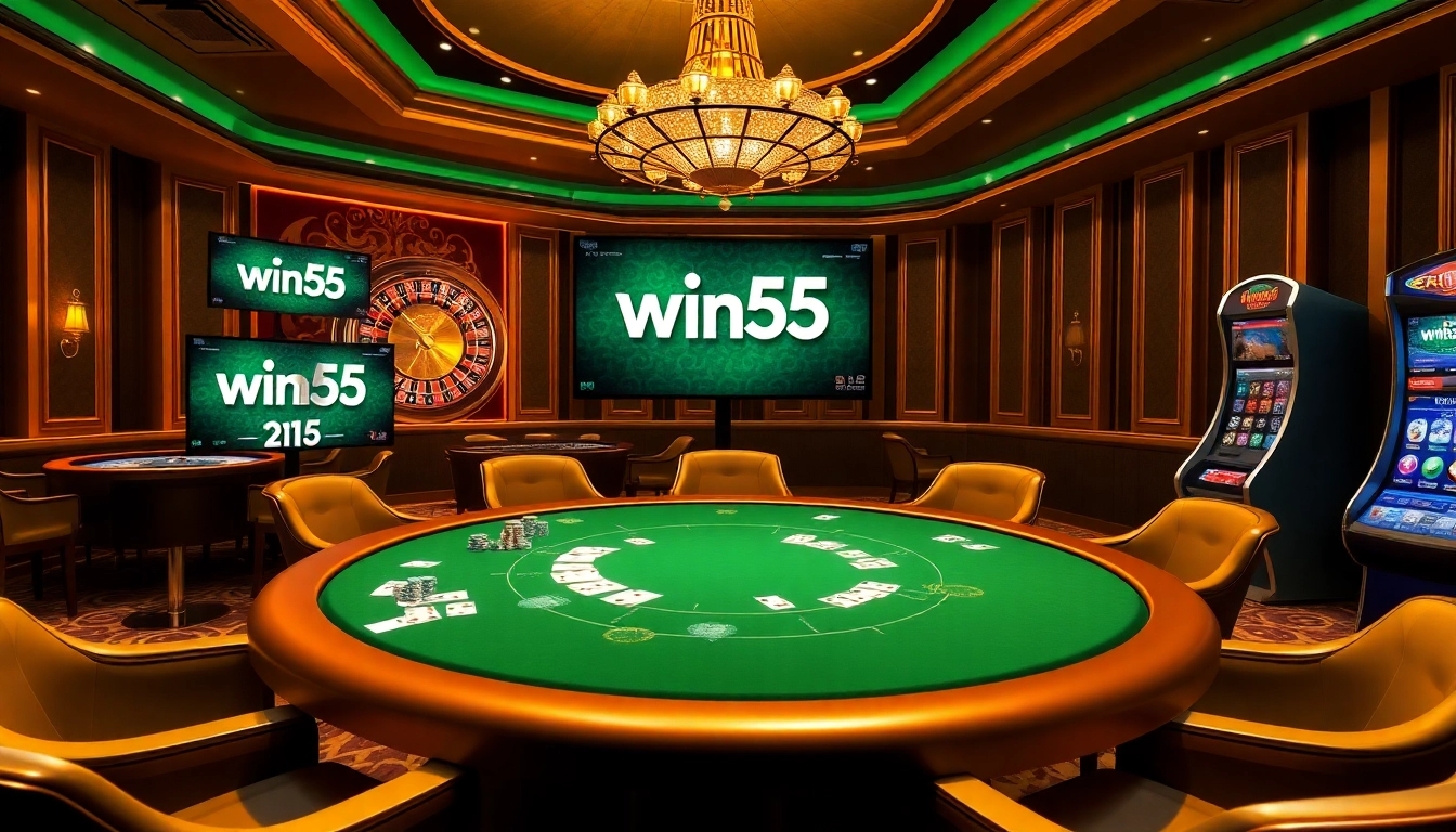 Win55 casino scene showcasing thrilling poker action and luxurious gaming elements.