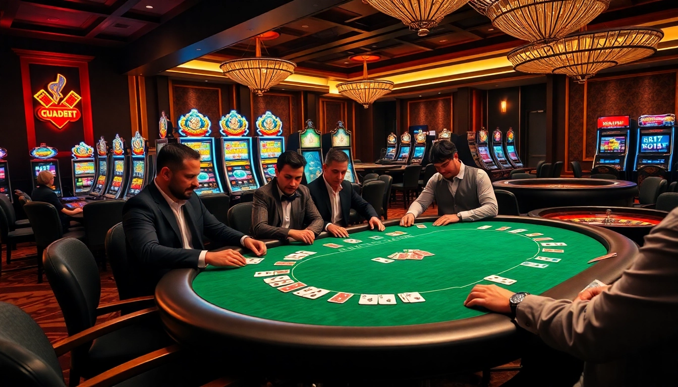 Players enjoying an upscale poker game at https://622bett.com.br/ casino with vibrant chips and cards.