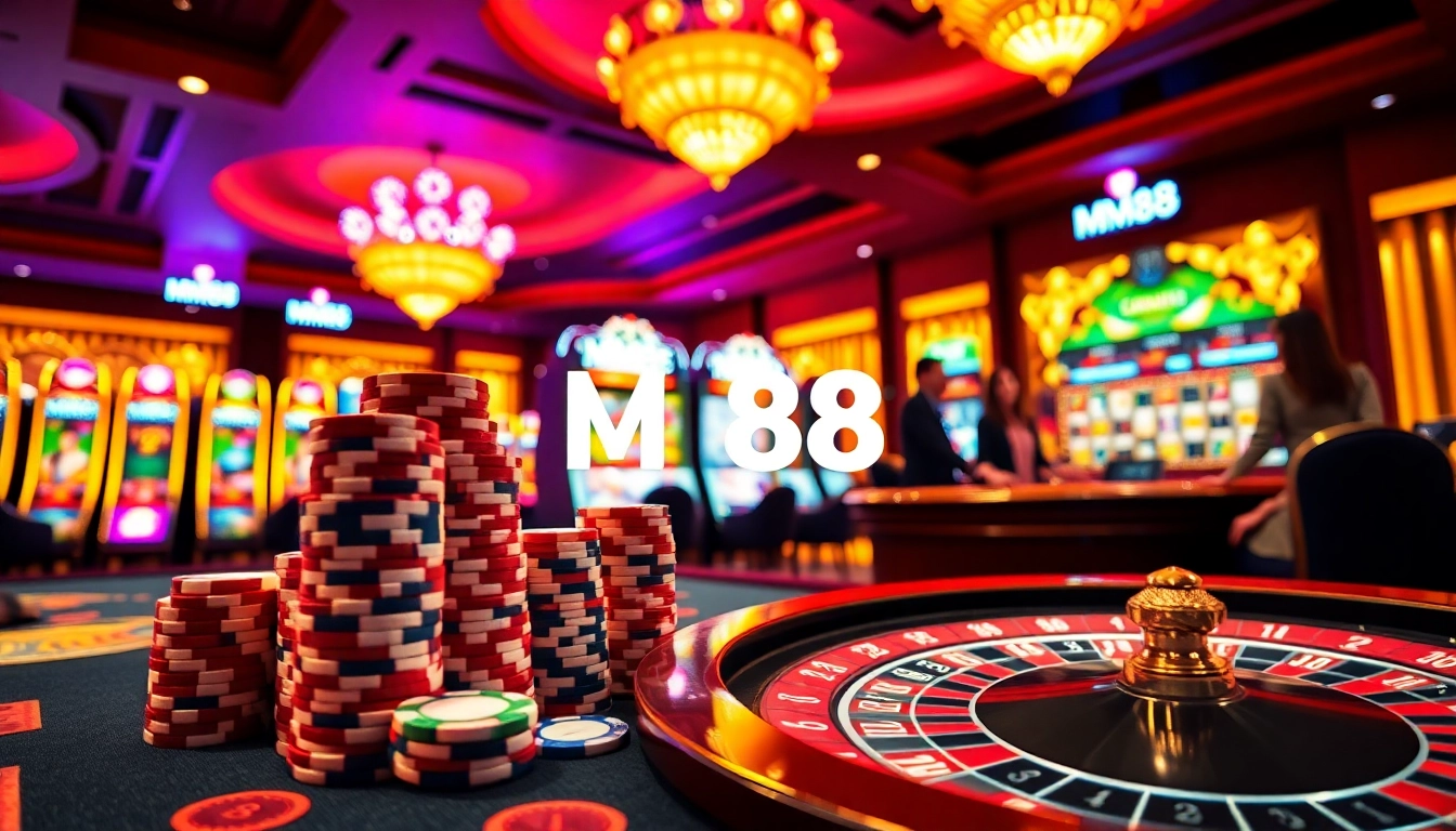 Engaging in betting activities at NHÀ CÁI MM88, featuring vibrant poker chips and slot machines.