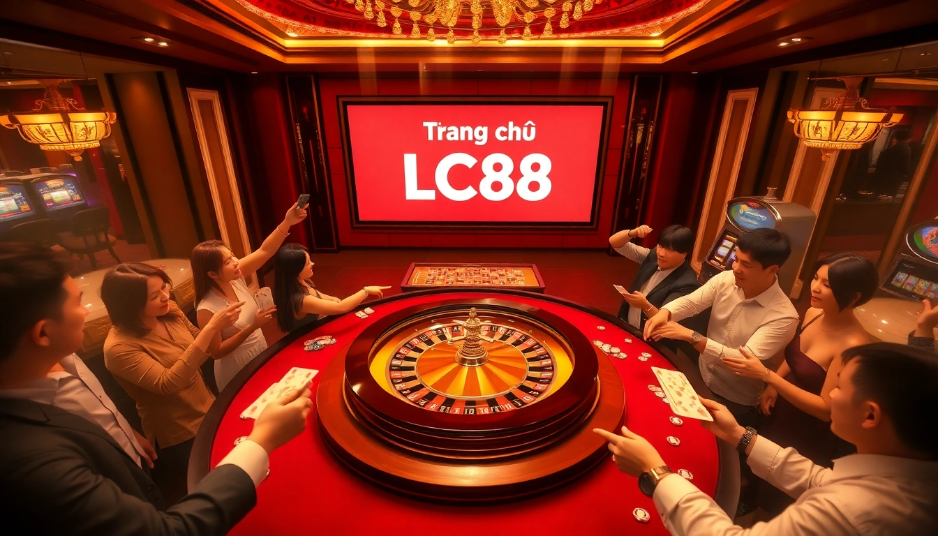 Experience excitement at Trang chủ LC88 with a vibrant casino scene featuring roulette and players.