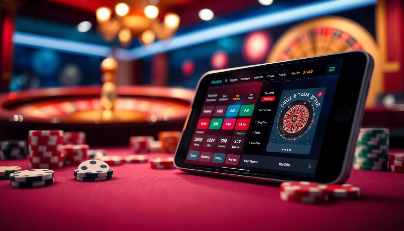 An engaging online gambling scene showcasing ink vao 12bet on a sleek mobile device surrounded by casino elements.