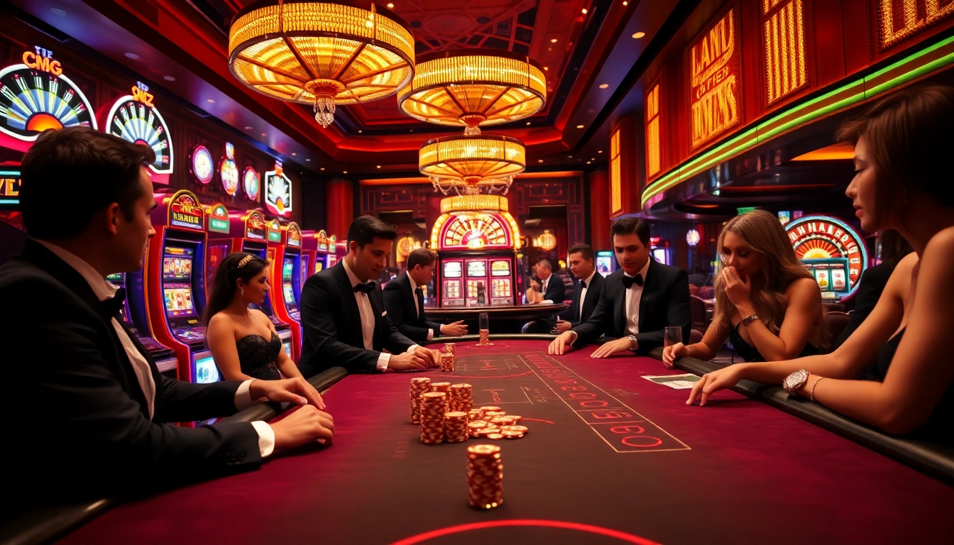 KJC casino table showcasing intense poker gameplay with vibrant atmosphere and luxury elements.