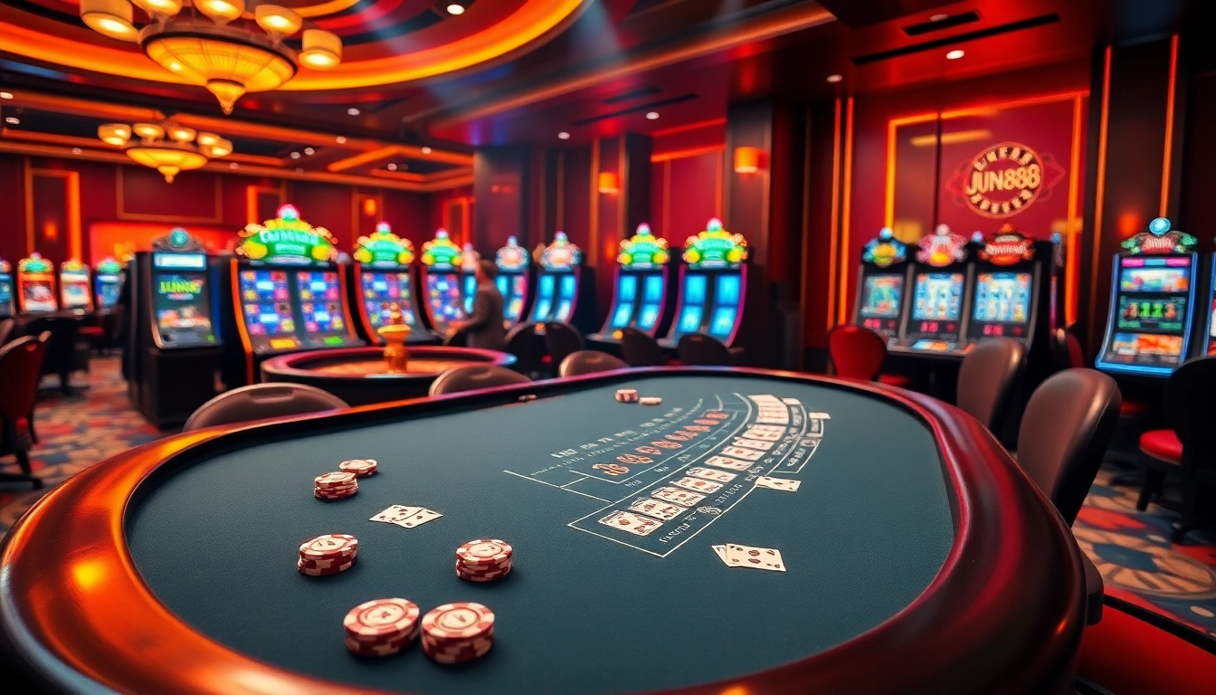 Experience the excitement of gambling at jun888 with vibrant casino tables, cards, and slot machines.