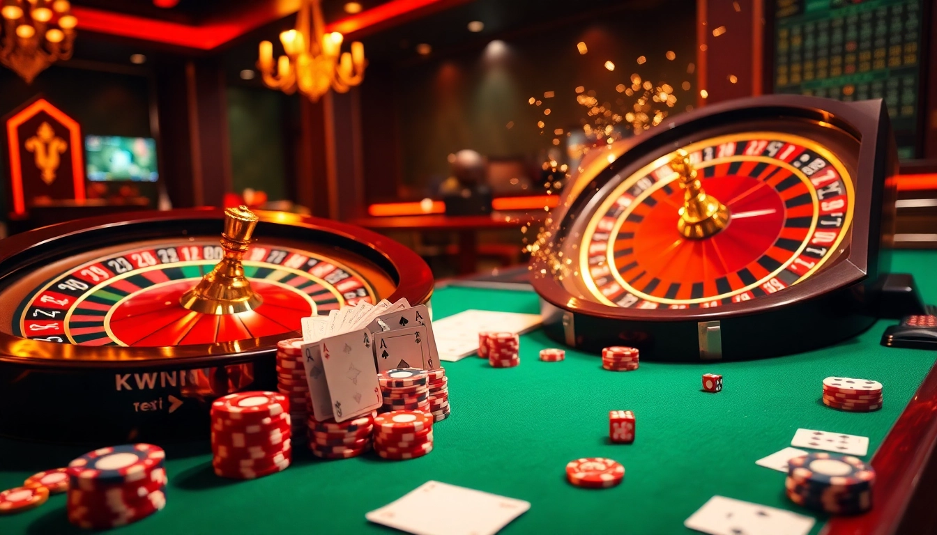 Experience the thrill of playing at kkwin.co.com with vibrant poker tables, sparkling chips, and roulette wheels.