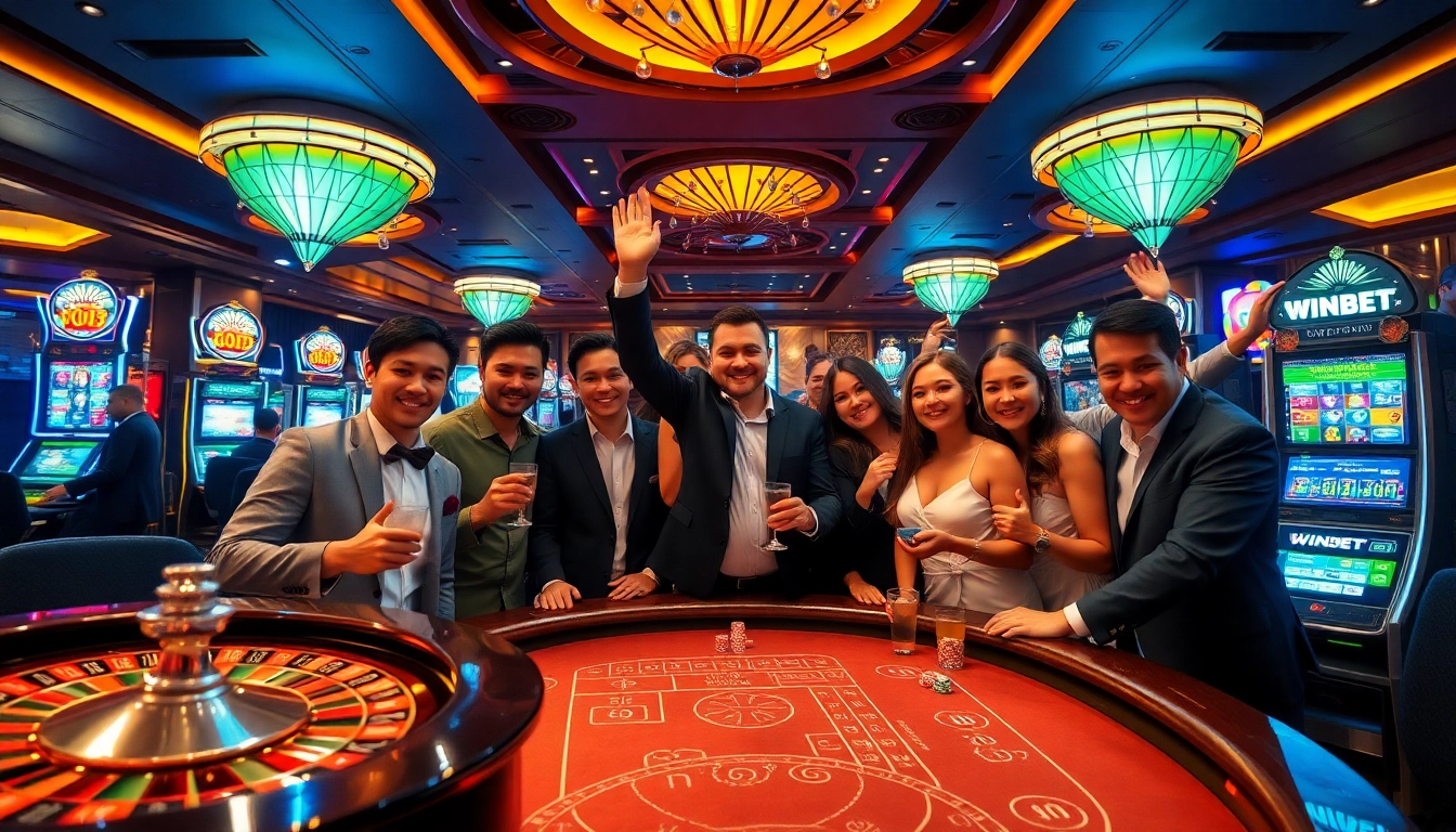 Experience the excitement at WINBET with diverse gamblers celebrating big wins at a vibrant casino table.