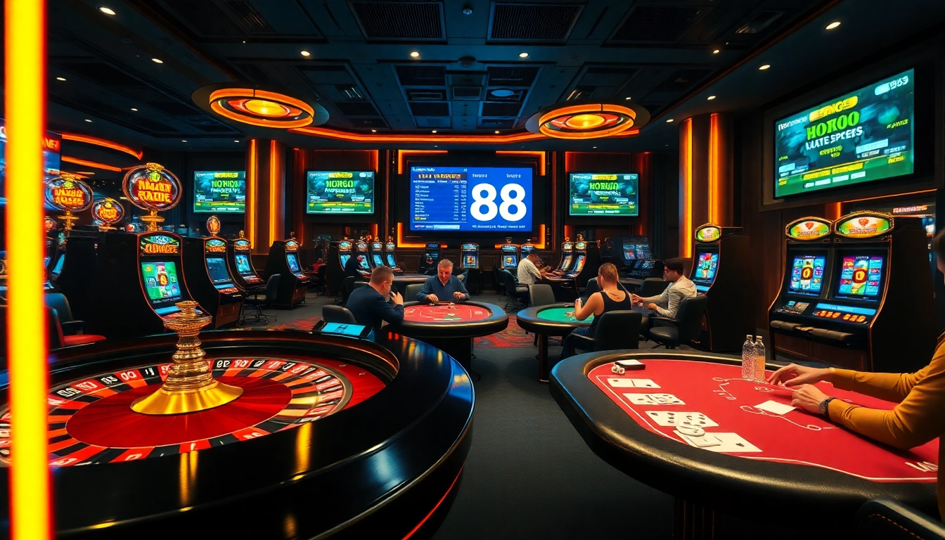 Engage with thrilling games at MM88, showcasing a vibrant casino atmosphere with dynamic online gambling interfaces.