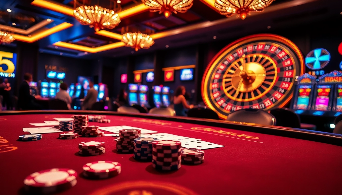 Players at NHÀ CÁI MM88 enjoying thrilling casino games with vibrant poker chips and roulette wheels.