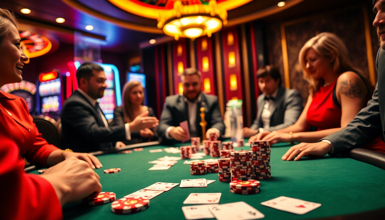 Players strategizing at a poker table in a luxurious casino featuring C168 themed decor.