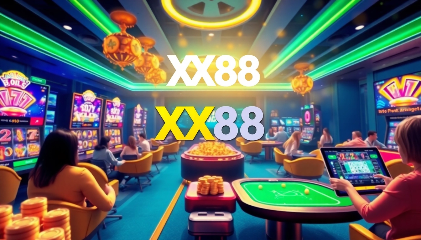 Vibrant gaming interface of XX88 HOW featuring slots and table games, showcasing user engagement.
