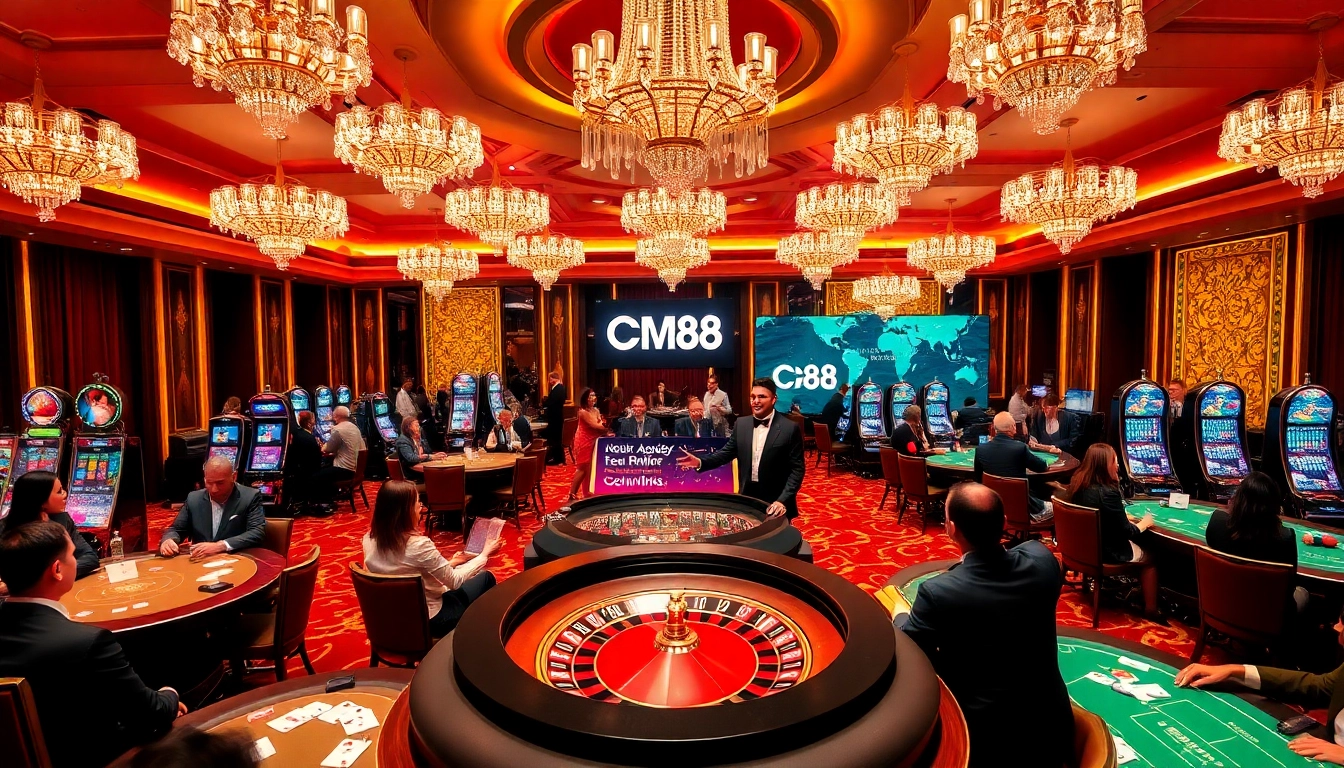 Exciting gaming scene at CM88 casino showcasing vibrant tables, players, and roulette action.