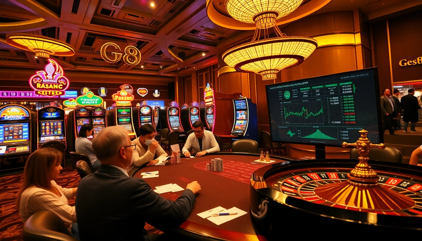 Engaged gamblers at GG88 poker table surrounded by vibrant casino elements.