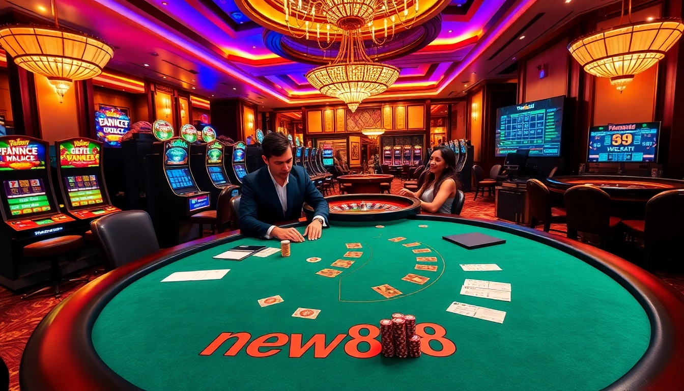 Players enjoying a vibrant poker game at new888, surrounded by classic casino elements.