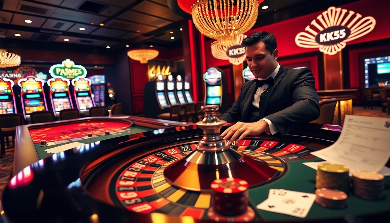 Engage in the thrilling casino experience with KK55 at a luxurious roulette table surrounded by excitement.