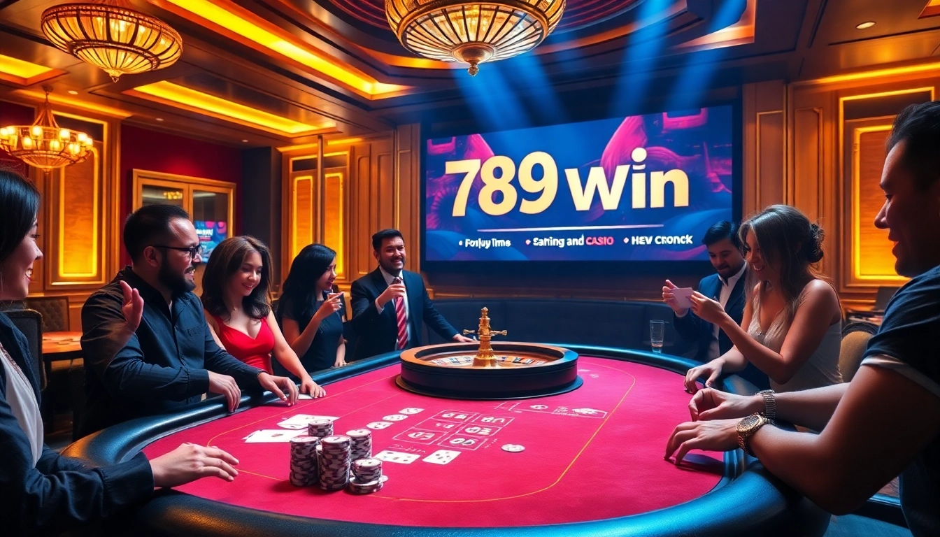 Players engage in an exciting casino game at 789win, showcasing poker chips and cards on a luxurious table.